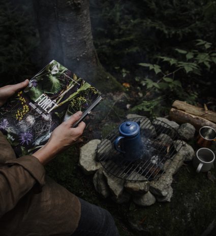 Livre Forêt ouvert près d’une grille de cuisson en forêt
