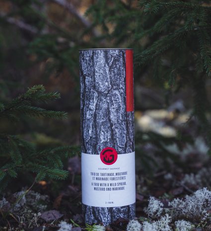 Coffret cylindrique Trio Découvertes sauvages posé dans un sous-bois