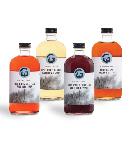 Bouteilles de sirop de roses, de sureau, de bleuets et de sapin réunies