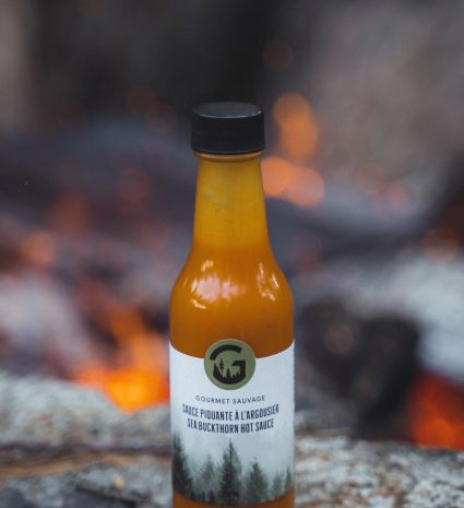 Bouteille de sauce piquante à l’argousier sur une roche près d’un feu