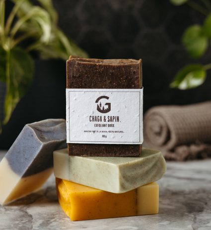 Savon exfoliant doux au chaga et au sapin sur deux autres savons