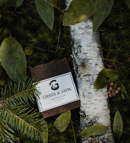 Savon chaga-sapin posé dans la mousse près d’un bouleau