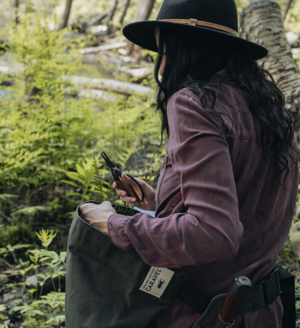 Personne en forêt avec ciseaux de jardinage et sac de récolte