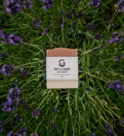 Savon airelle-lavande au milieu de fleurs violettes et de feuillage