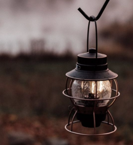 Lanterne rechargeable suspendue devant un terrain couvert de feuilles