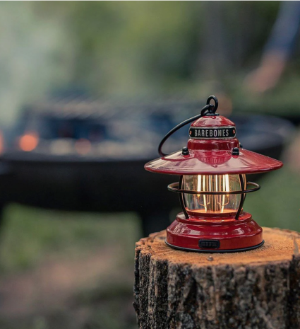 Mini lanterne rouge sur une souche d'arbre