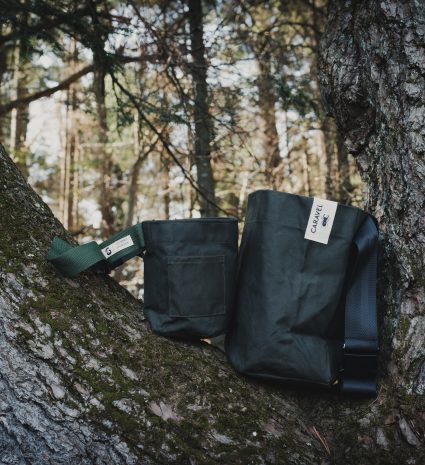 Sacs Récolte en toile sombre posés entre des branches en forêt