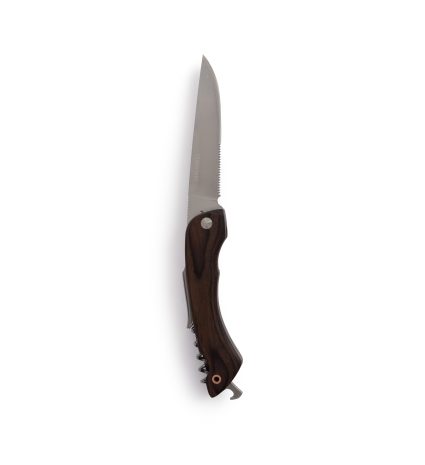 Couteau de poche multi-usage ouvert, lame dressée et manche en bois