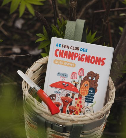 Livre « Le fan club des champignons » et couteau dans un panier tressé