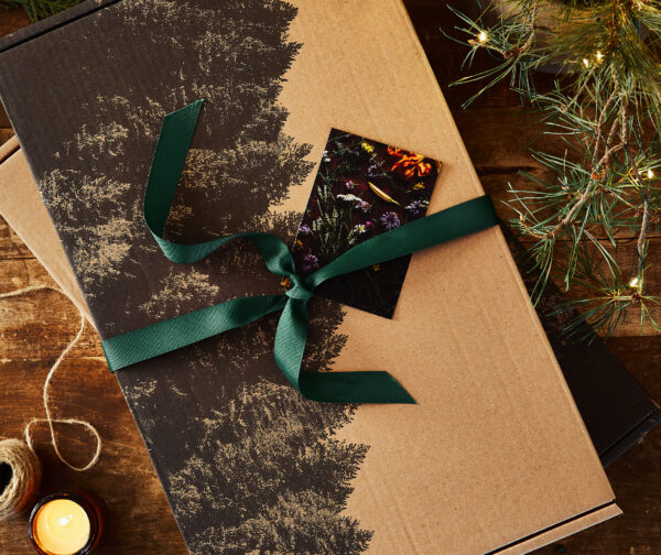 Coffret gourmand aux conifères sur une table en bois