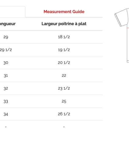 Tableau des tailles et schéma de mesure d’un t-shirt
