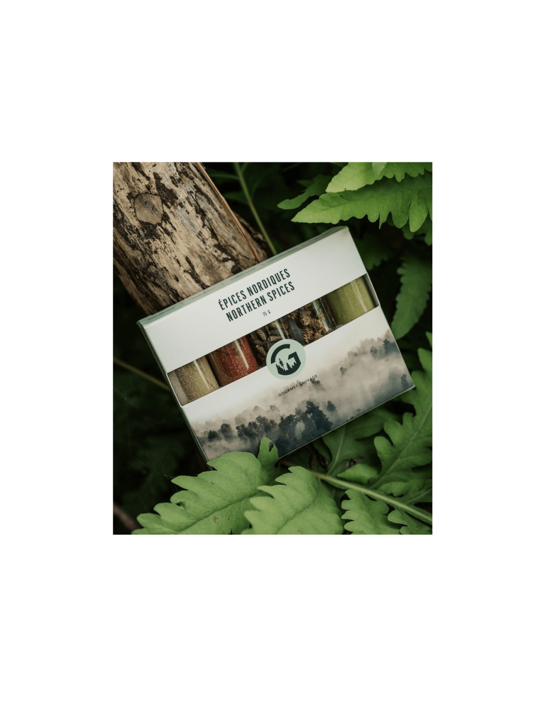 Coffret d'épices nordiques contre un tronc parmi des feuilles
