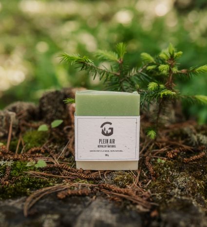 Savon Plein air citronnelle et eucalyptus sur une souche moussue
