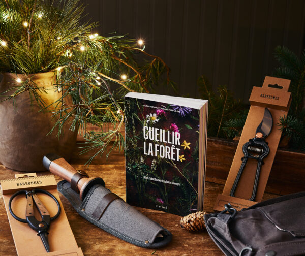 Livre 'CUEILLIR LA FORÊT' avec outils de cueillette sur table en bois