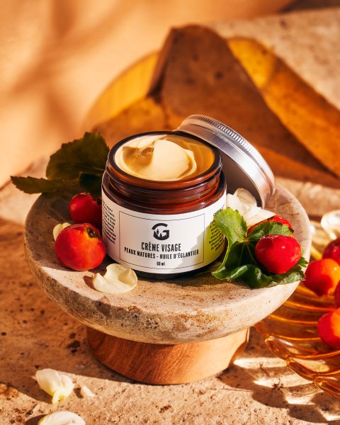 Crème visage pour peaux matures à l’huile d’églantier dans un bol de pierre