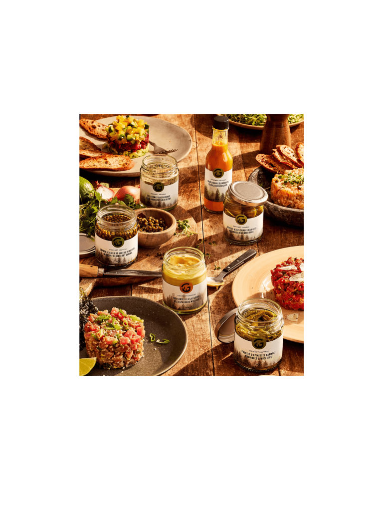 Ensemble à tartares nordiques avec condiments et tartares sur table de bois