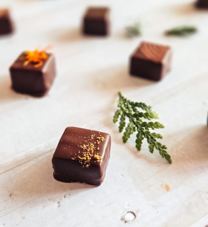 Carrés de chocolat noir avec décoration sur surface claire