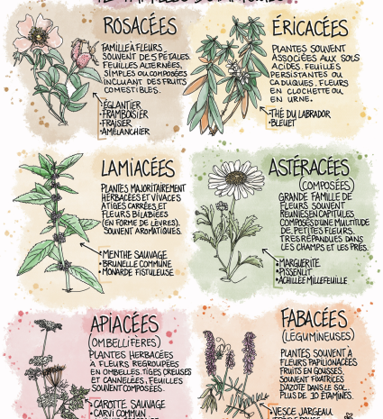 Fiche illustrée des familles botaniques avec dessins de plantes sauvages
