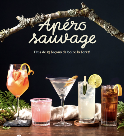 Cocktails et mocktails forestiers servis sur une table en bois