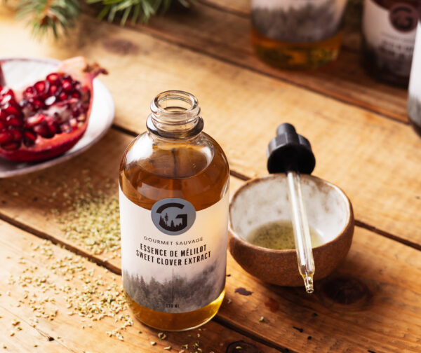 Essence de mélilot dans une bouteille sur une table en bois